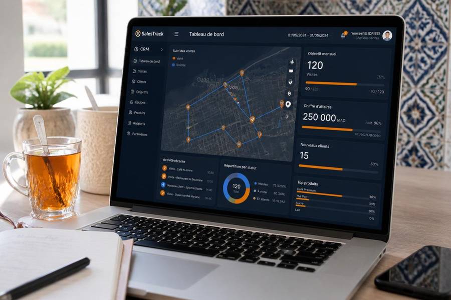 Tableau de bord CRM DigiFacture : carte des visites GPS, objectifs mensuels et chiffre d'affaires en dirhams