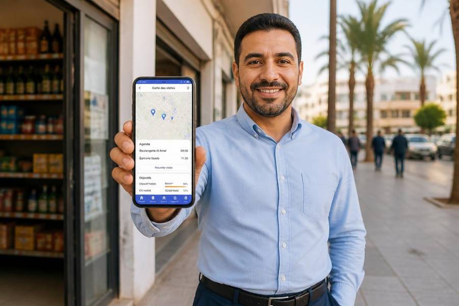 Commercial terrain marocain consultant sa tournée de visites GPS sur DigiFacture CRM