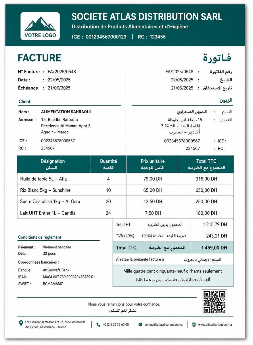 Exemple de facture PDF bilingue français arabe avec rendu RTL
