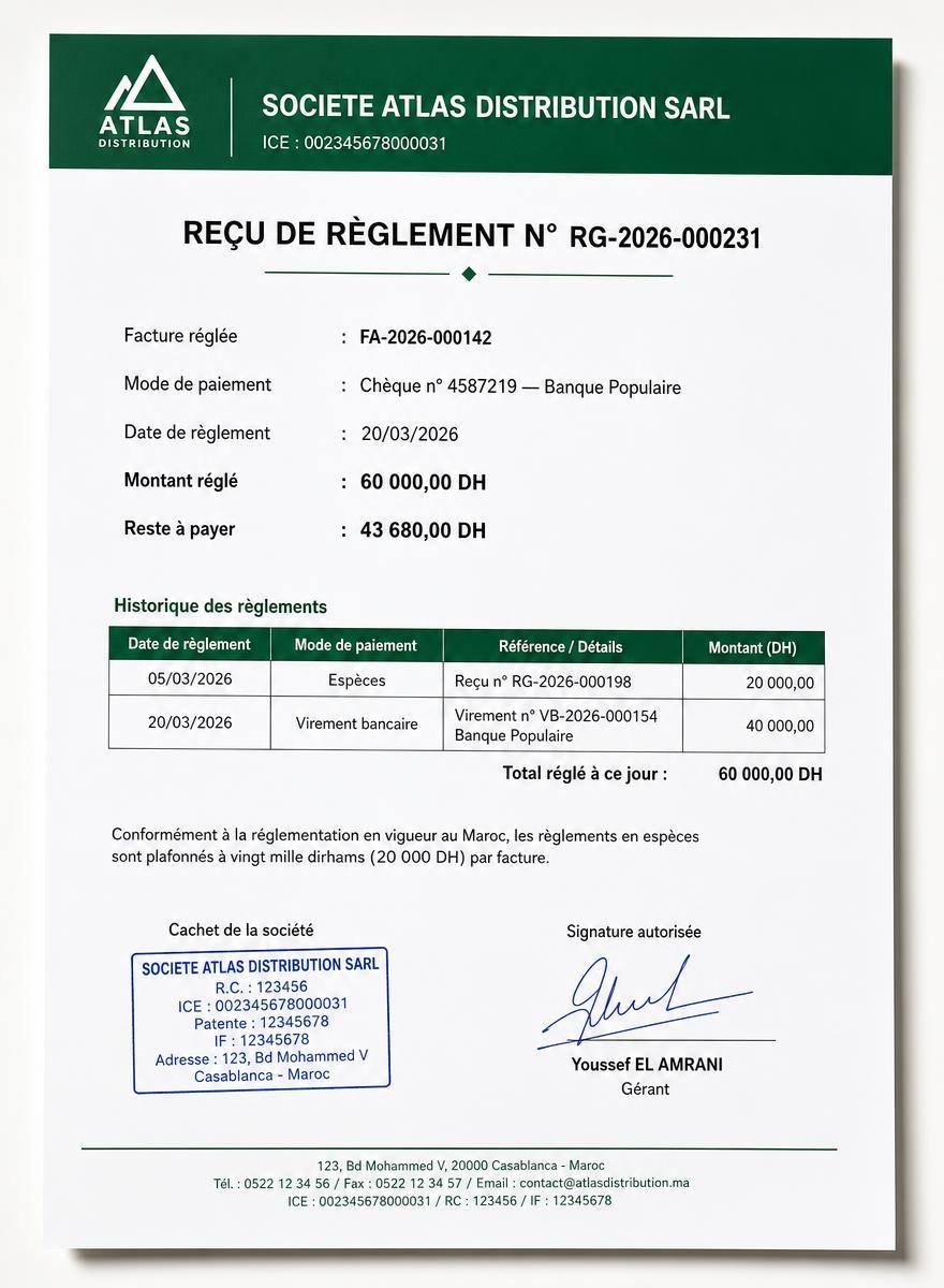 Exemple de reçu de règlement PDF avec mode de paiement et historique